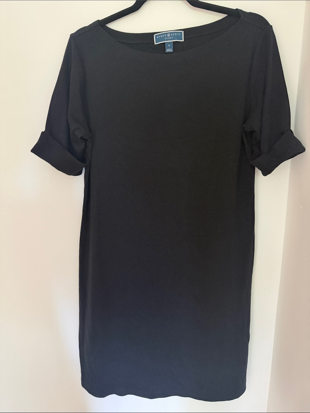Karen Scott Black Midi Shift Dress with Rolled Short Sleeves